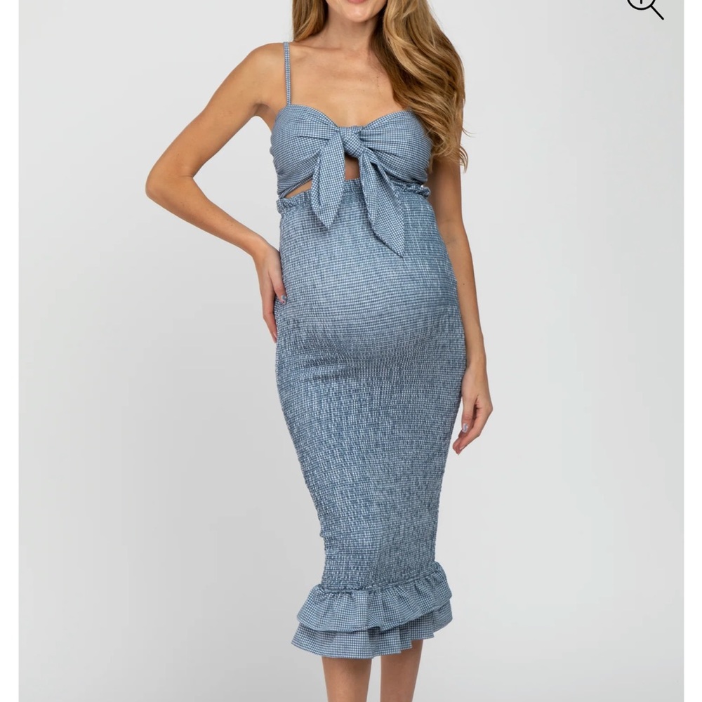 PinkBlush Blue Gingham Print Smocked Fitted Self-Tie Maternity Midi Dress - L